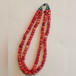 Modern Navajo Sterling Turquoise Red Coral Necklace 17"-19"